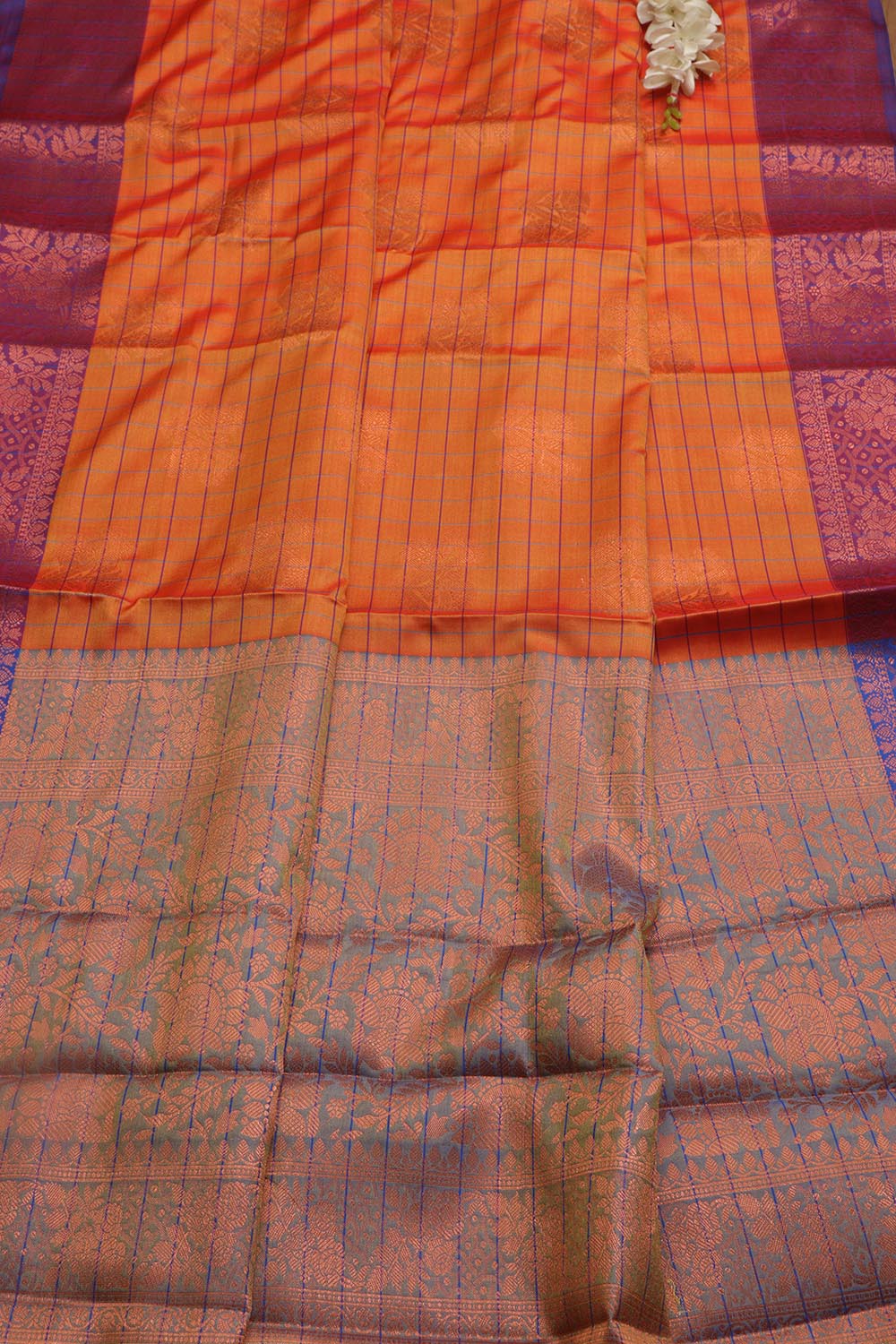 Orange Shot Kanjeevaram Silk Checks Saree - Luxurion World