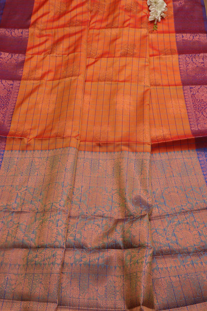 Orange Shot Kanjeevaram Silk Checks Saree - Luxurion World