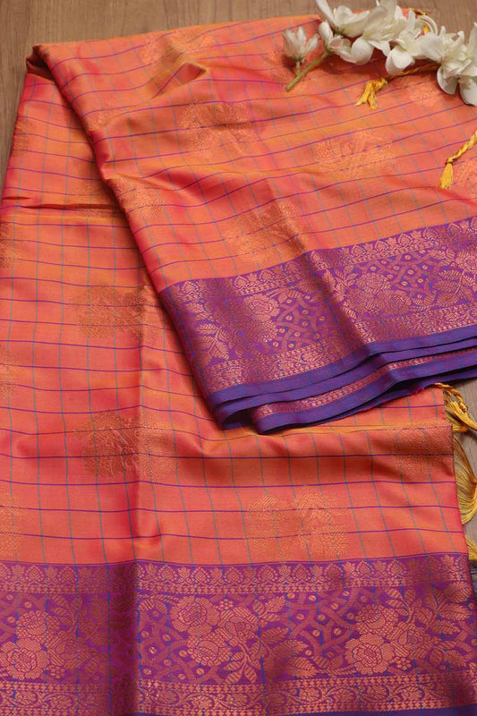 Pink Shot Kanjeevaram Silk Checks Saree - Elegant and Timeless - Luxurion World