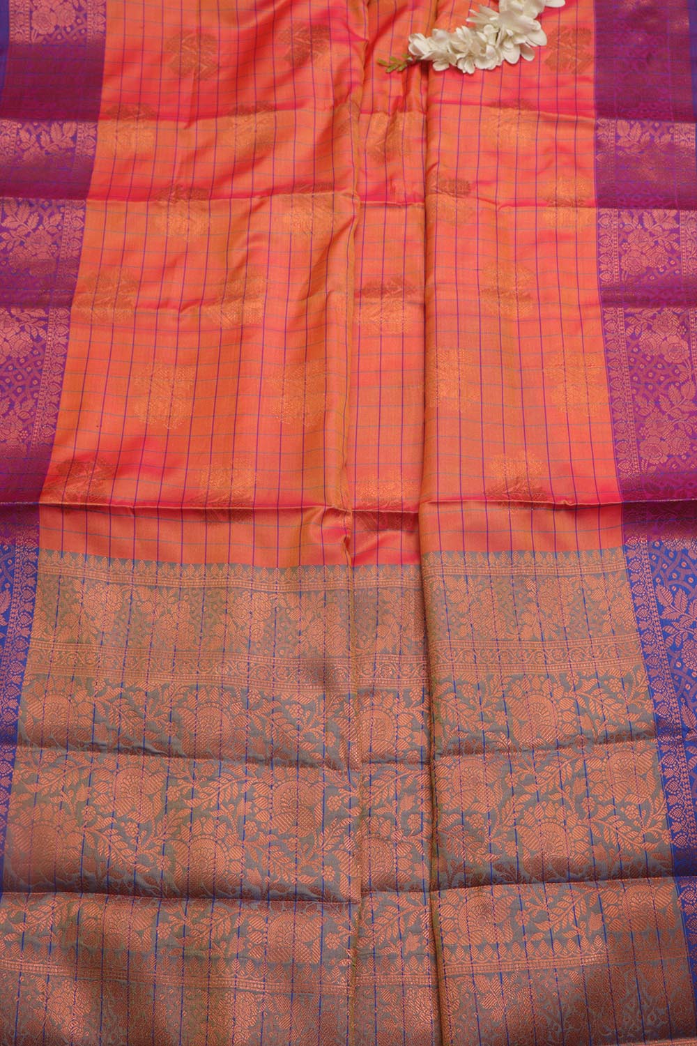 Pink Shot Kanjeevaram Silk Checks Saree - Elegant and Timeless - Luxurion World