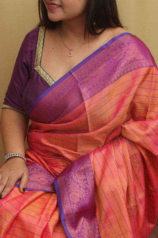 Pink Shot Kanjeevaram Silk Checks Saree - Elegant and Timeless - Luxurion World