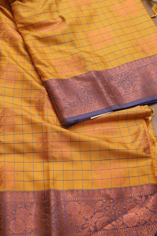 Golden Glow: Yellow Kanjeevaram Silk Checks Saree - Luxurion World