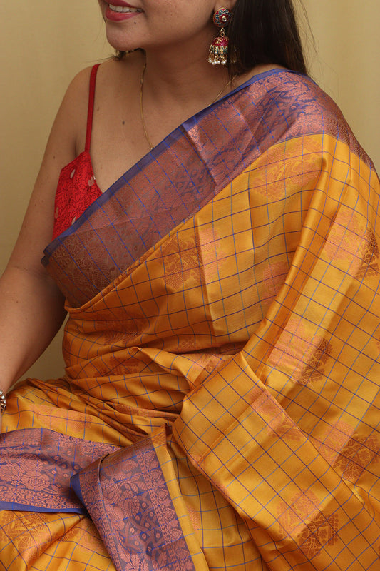 Golden Glow: Yellow Kanjeevaram Silk Checks Saree - Luxurion World