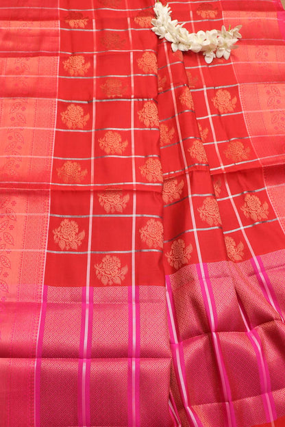 Stunning Red Kanjeevaram Silk Checks Saree - Luxurion World