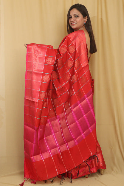 Stunning Red Kanjeevaram Silk Checks Saree - Luxurion World