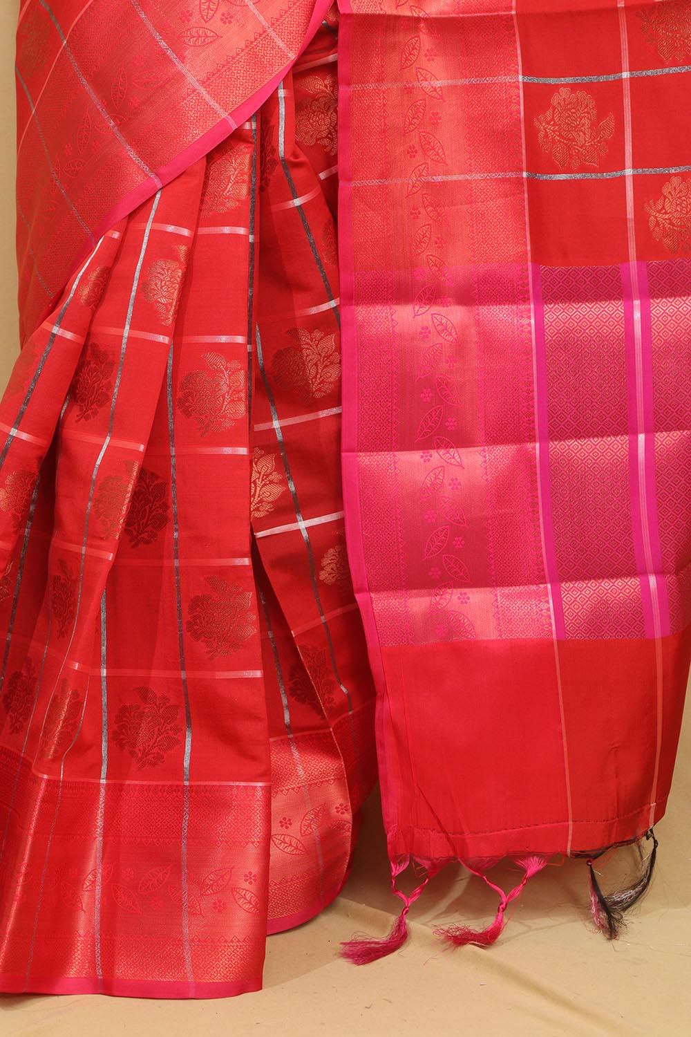 Stunning Red Kanjeevaram Silk Checks Saree - Luxurion World