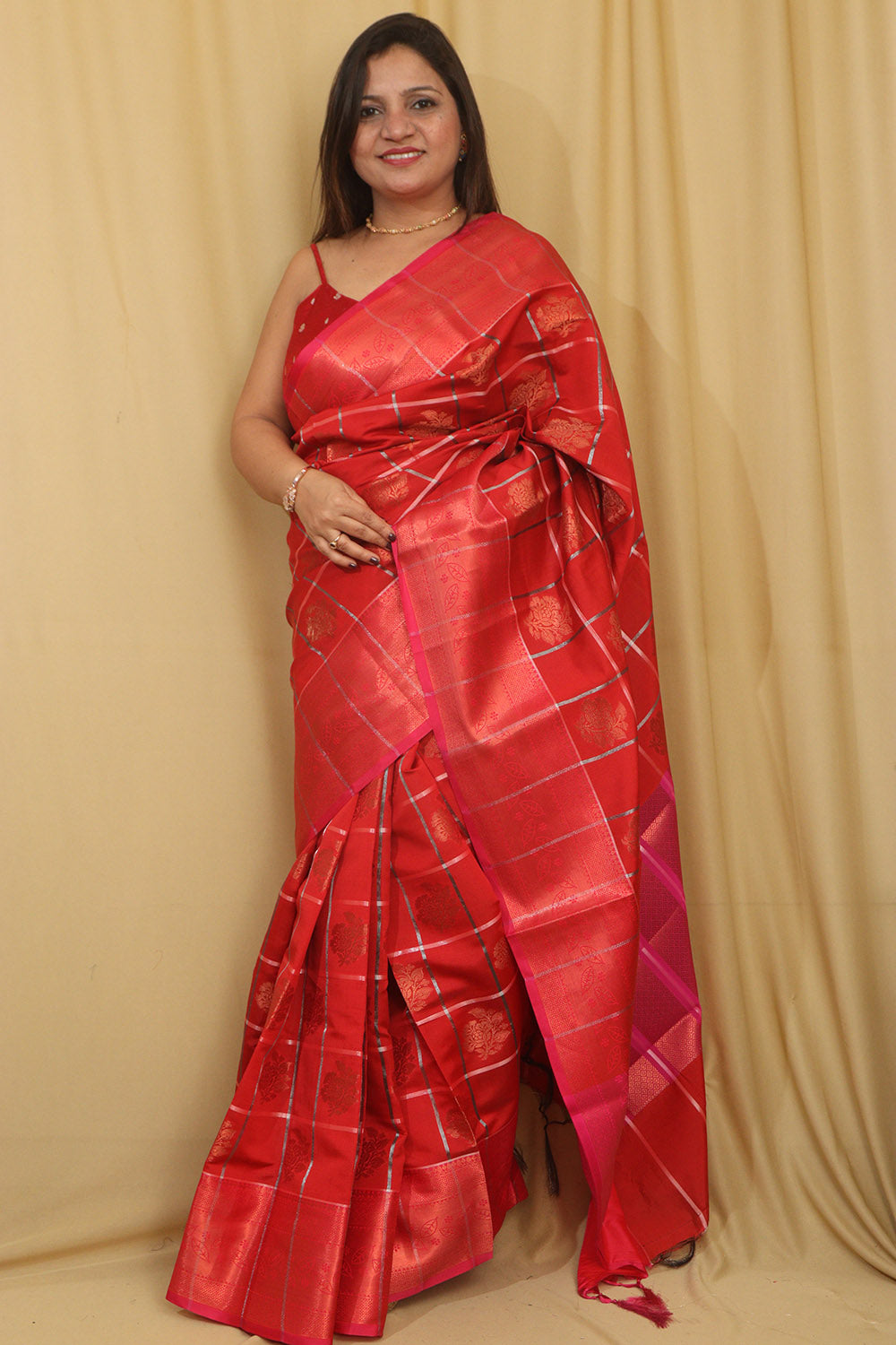 Stunning Red Kanjeevaram Silk Checks Saree - Luxurion World