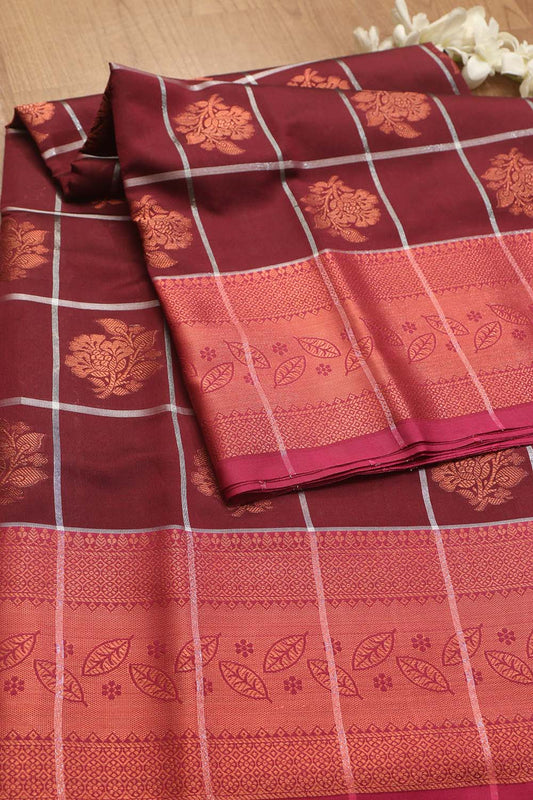 Elegant Maroon Kanjeevaram Silk Checks Saree - Luxurion World