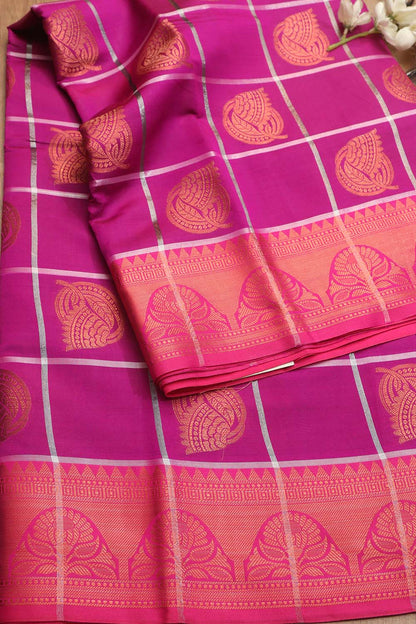 Elegant Purple Silk Checks Saree: Kanjeevaram Beauty - Luxurion World