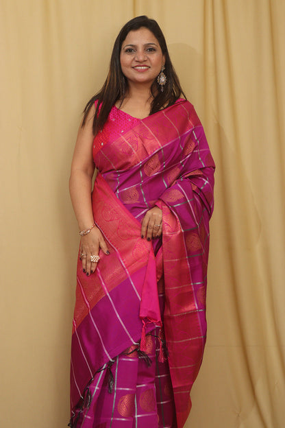 Elegant Purple Silk Checks Saree: Kanjeevaram Beauty - Luxurion World