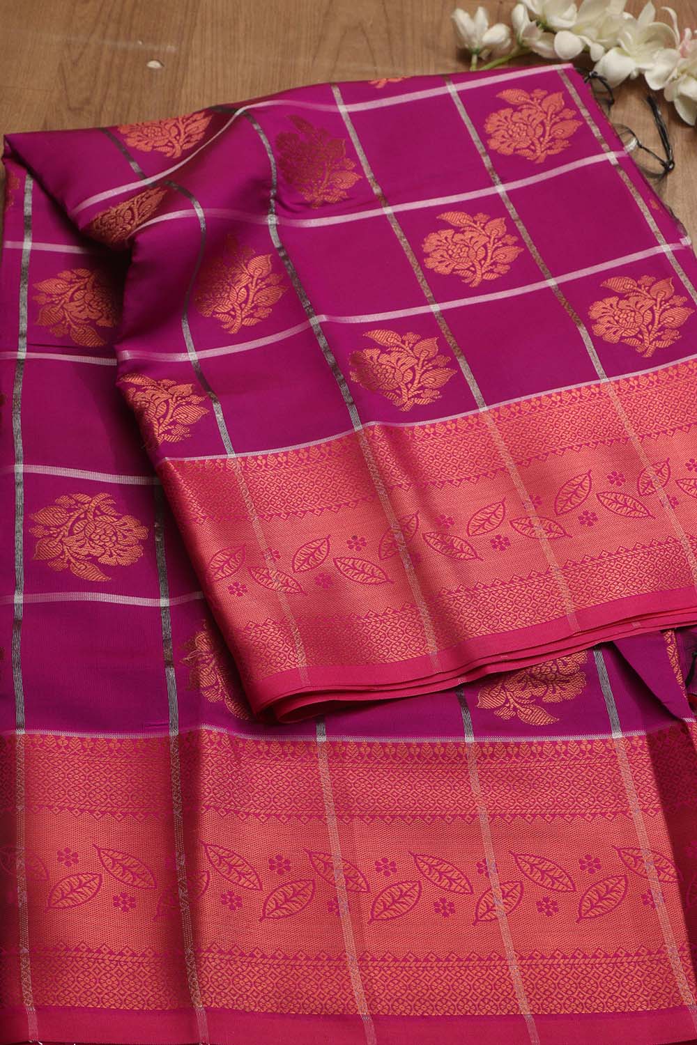 Exquisite Purple Kanjeevaram Silk Checks Saree - Luxurion World