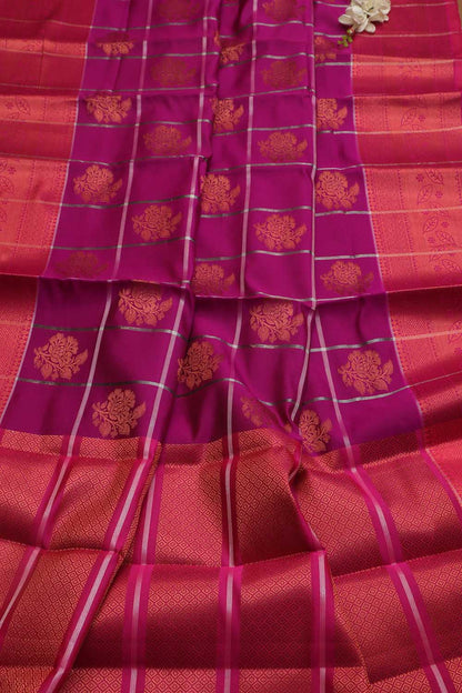 Exquisite Purple Kanjeevaram Silk Checks Saree - Luxurion World