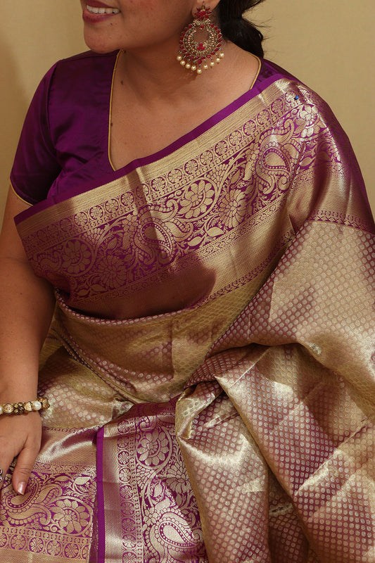Exquisite Golden & Purple Kanjeevaram Silk Saree