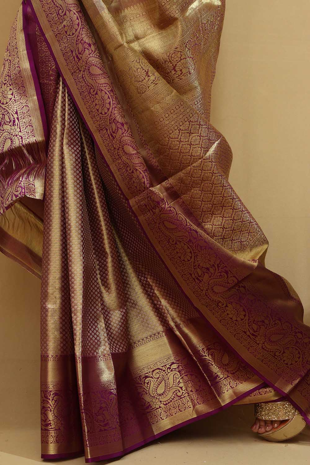 Exquisite Golden & Purple Kanjeevaram Silk Saree - Luxurion World