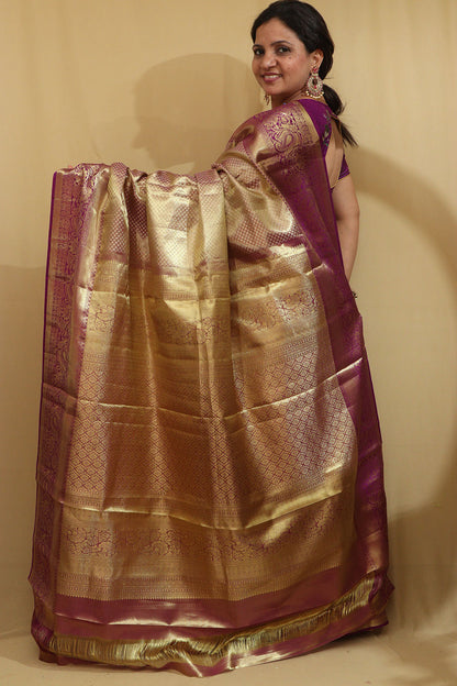 Exquisite Golden & Purple Kanjeevaram Silk Saree - Luxurion World