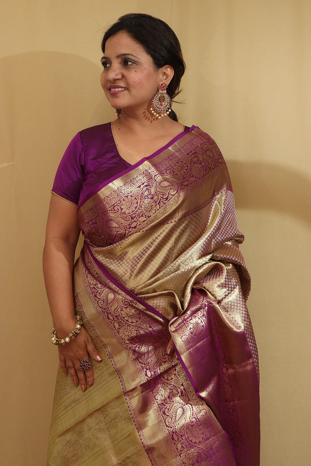 Exquisite Golden & Purple Kanjeevaram Silk Saree - Luxurion World