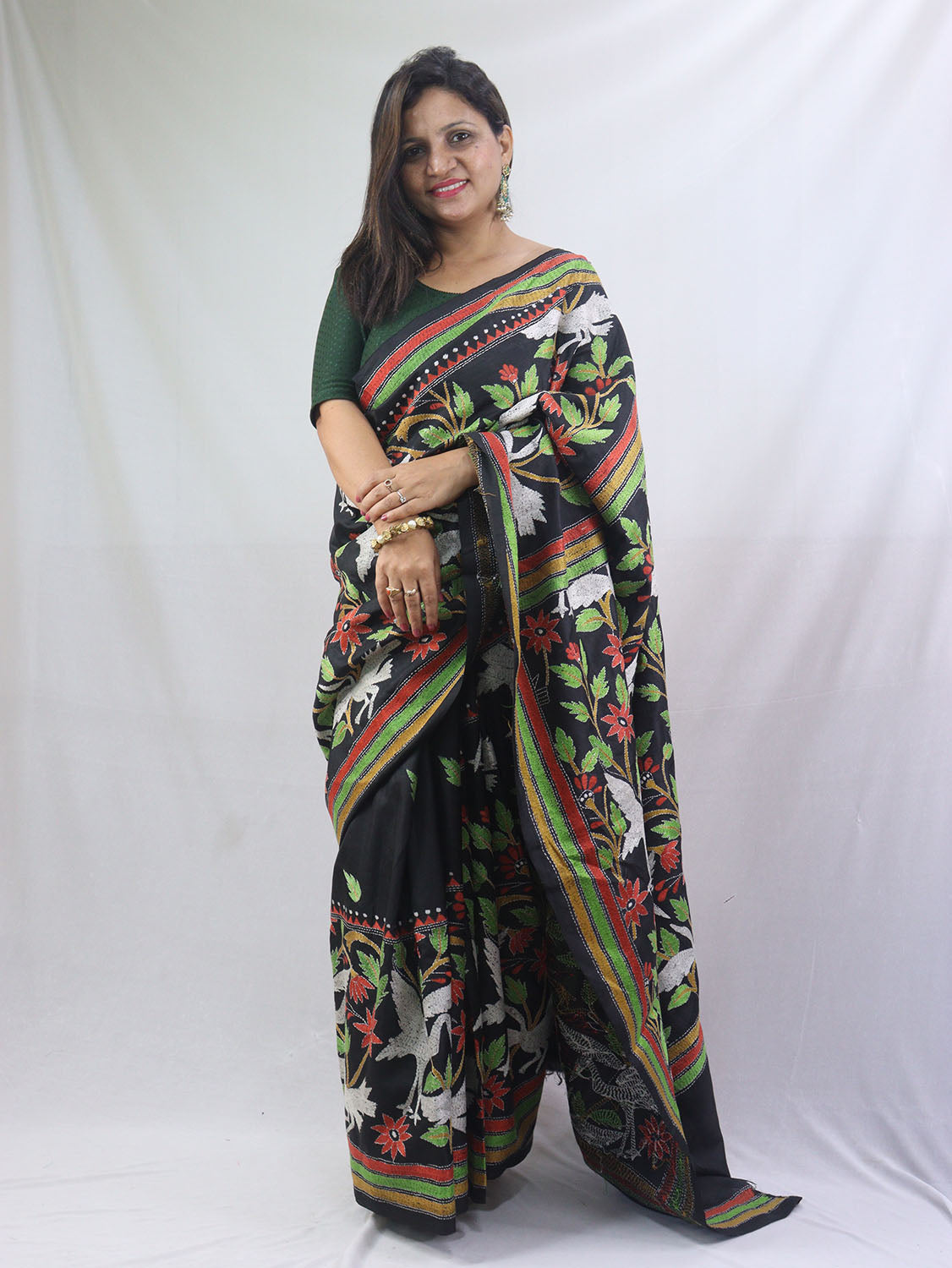 Handwoven Bhagalpuri Tussar Silk Saree with Floral Kantha Handwork - Wine  Maroon - Siaz Loom