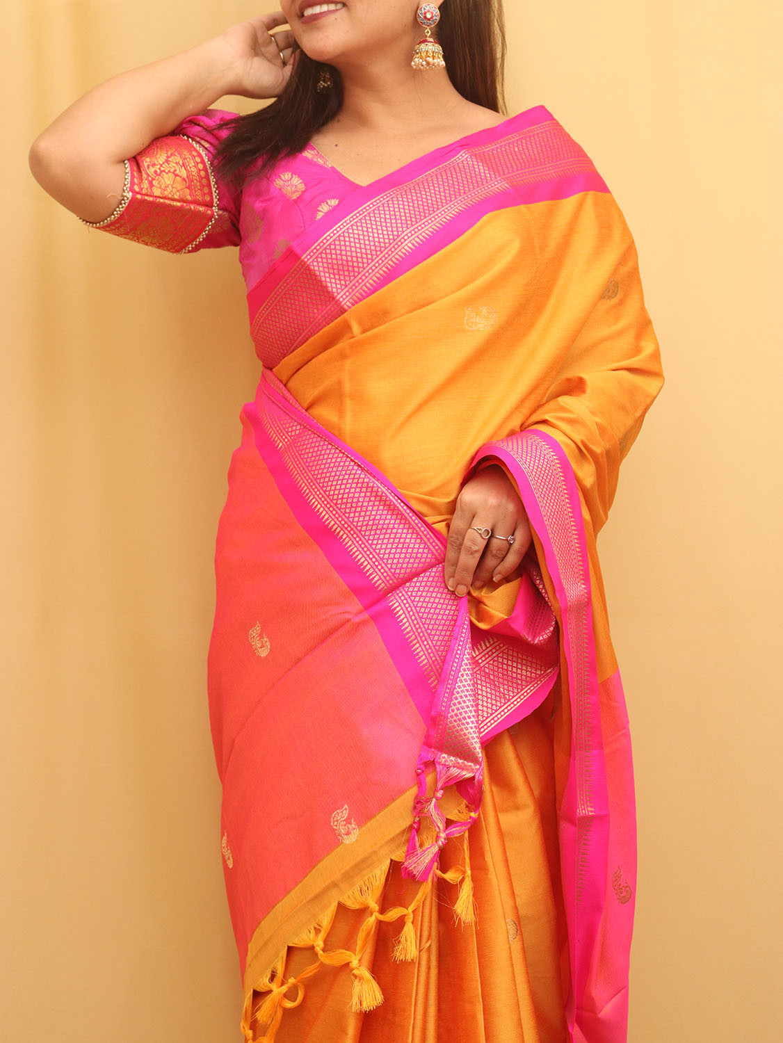 Orange & Pink Banarasi Silk Saree Set Design by Kasturi Kundal at Pernia's  Pop Up Shop 2024