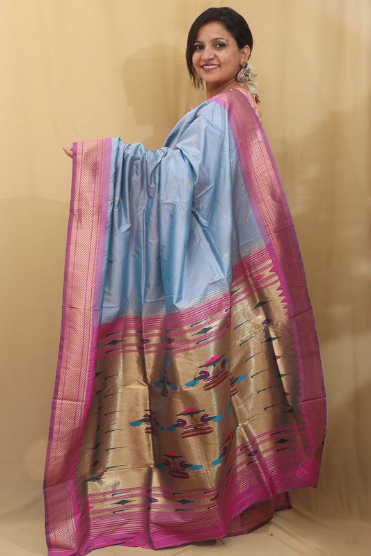 Elegant Blue Paithani Silk Peacock Design Saree - Luxurion World