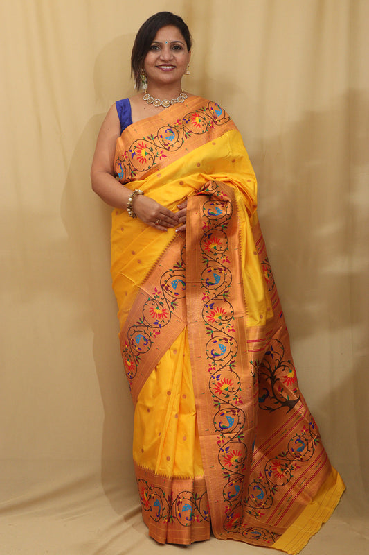 Stunning Yellow Paithani Silk Saree with Peacock & Flower - Luxurion World
