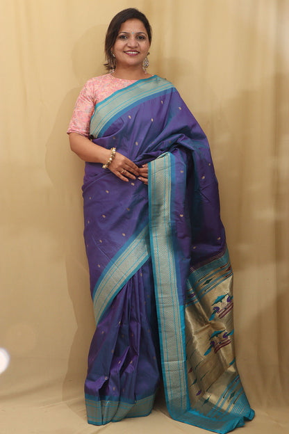 Elegant Blue Paithani Silk Peacock Design Saree - Luxurion World