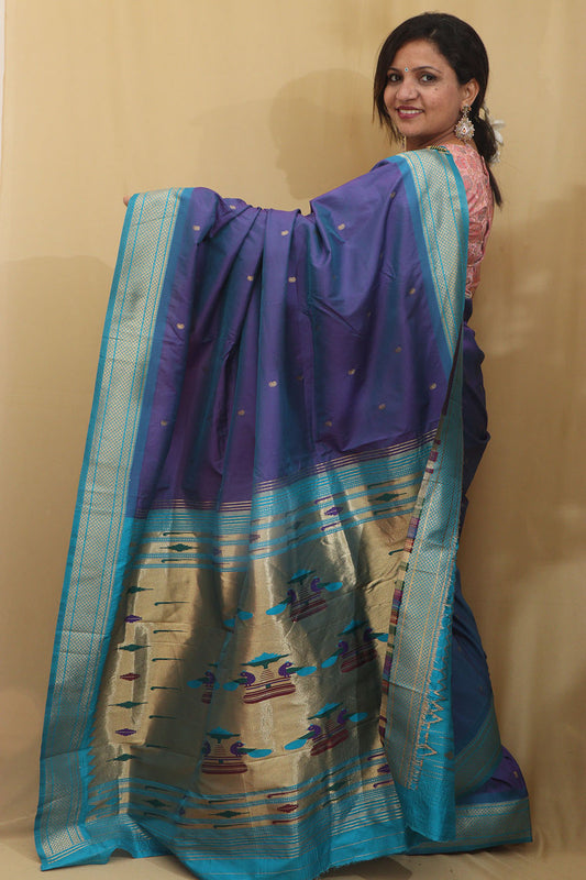 Elegant Blue Paithani Silk Peacock Design Saree - Luxurion World