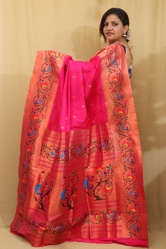 Exquisite Pink Paithani Silk Saree with Peacock & Flower - Luxurion World