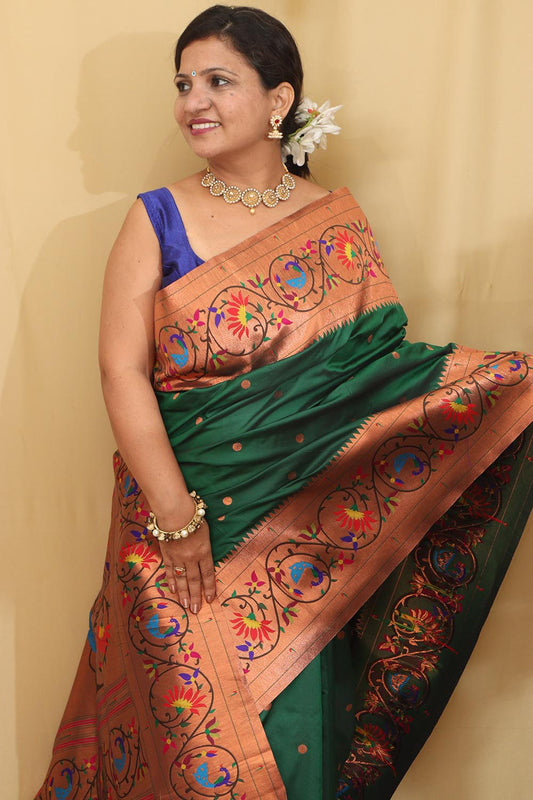 Exquisite Green Paithani Silk Saree with Peacock & Flower - Luxurion World