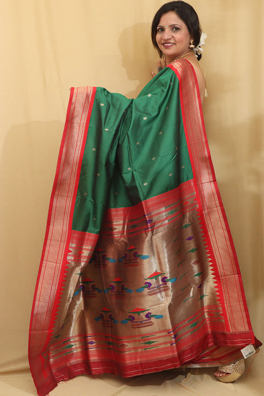 Stunning Green Paithani Silk Peacock Design Saree - Luxurion World