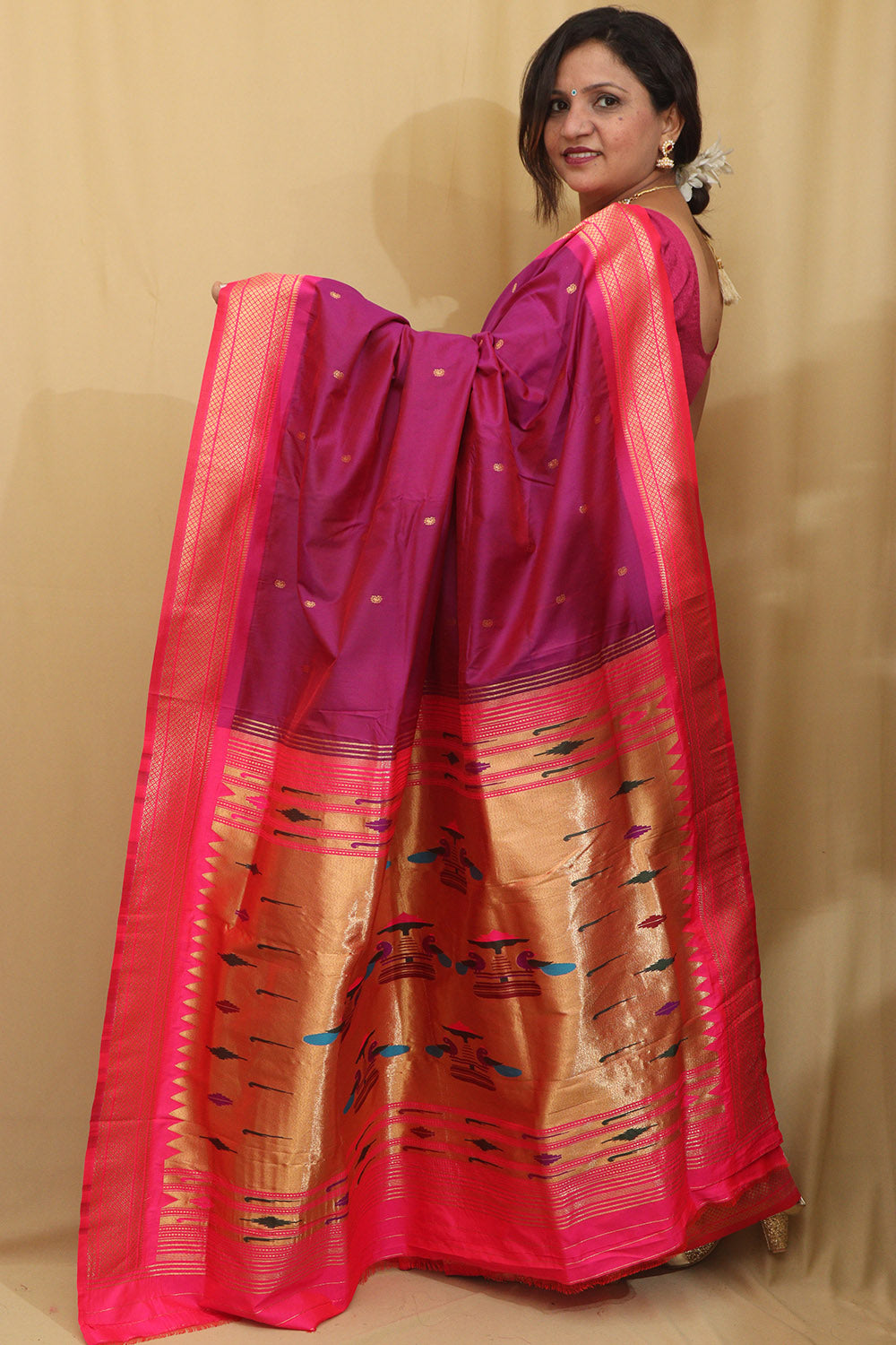 Elegant Design - Purple Paithani Silk Peacock Design Saree - Luxurion World