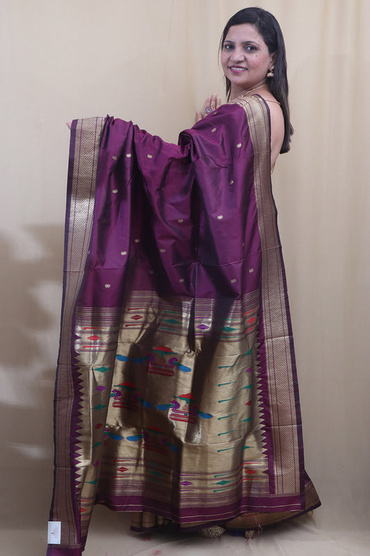 Elegant Design - Purple Paithani Silk Peacock Design Saree - Luxurion World