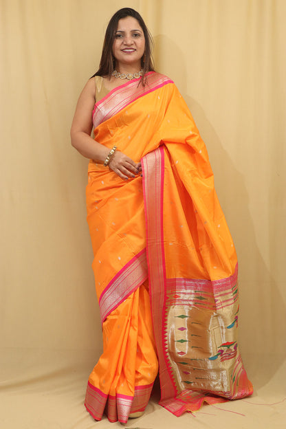 Orange Paithani Silk Peacock Design Saree - Stunning Elegance - Luxurion World