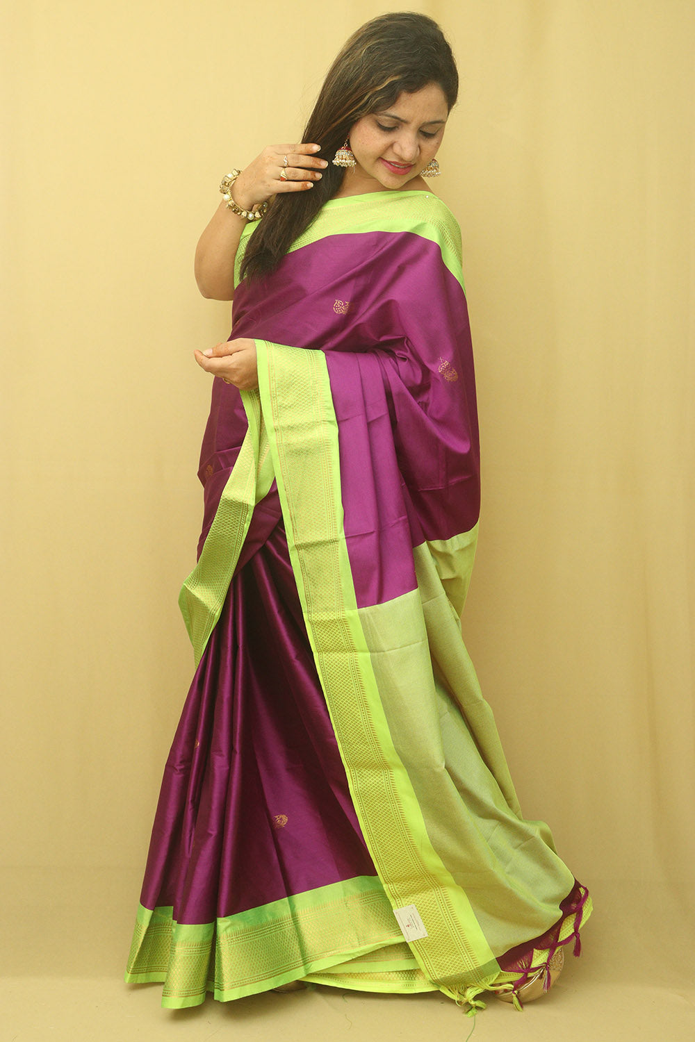 Women's Blue Purple Green Pink Silk Maheshwari Handloom Saree - Maahis –  Trendia