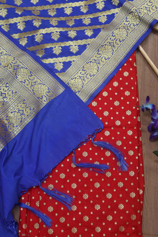 Stunning Red Banarasi Silk Fabric with Blue Dupatta and Zari Booti Design - Luxurion World