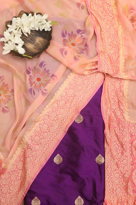 Elegant Purple Banarasi Handloom Silk Suit With Peach Banarasi Handloom Pure Georgette Brush Dye Dupatta