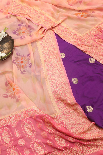 Elegant Purple Banarasi Handloom Silk Suit With Peach Banarasi Handloom Pure Georgette Brush Dye Dupatta