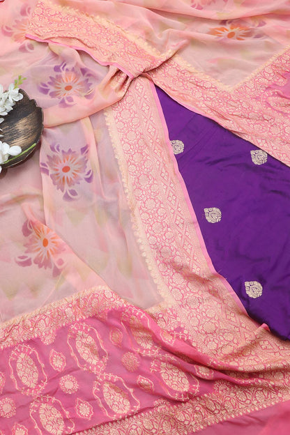 Elegant Purple Banarasi Handloom Silk Suit With Peach Banarasi Handloom Pure Georgette Brush Dye Dupatta