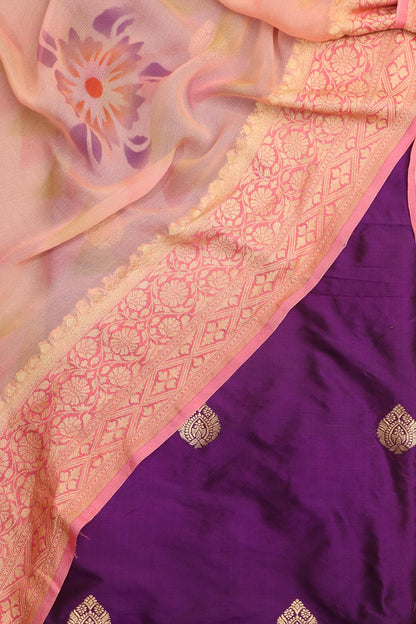 Elegant Purple Banarasi Handloom Silk Suit With Peach Banarasi Handloom Pure Georgette Brush Dye Dupatta