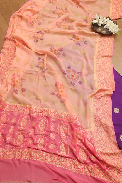 Elegant Purple Banarasi Handloom Silk Suit With Peach Banarasi Handloom Pure Georgette Brush Dye Dupatta