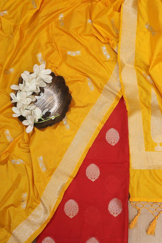 Red Banarasi Chanderi Silk Suit With Yellow Banarasi Silk Dupatta - Luxurion World