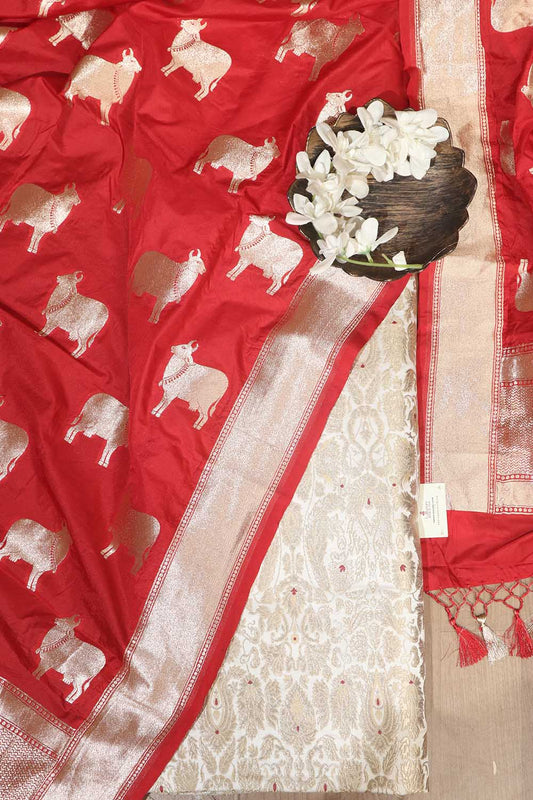 Elegant White Banarasi KimKhwab Silk Suit With Red Banarasi Silk Cow Design Dupatta - Luxurion World