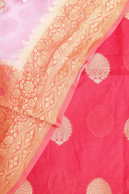 Exquisite Pink Banarasi Chanderi Silk Suit With Purple Handloom Banarasi Pure Georgette Brush Dye Dupatta - Luxurion World