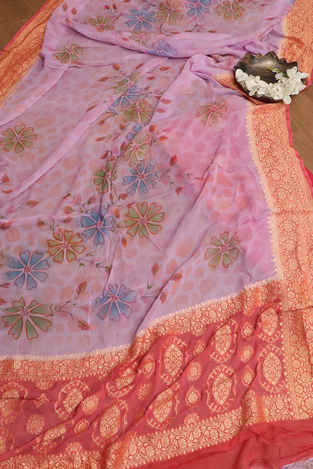 Exquisite Pink Banarasi Chanderi Silk Suit With Purple Handloom Banarasi Pure Georgette Brush Dye Dupatta - Luxurion World