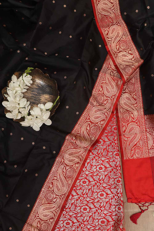 Elegant Red Banarasi Silk Satin Zari Brocade Suit With Banarasi Pure Katan Silk Dupatta - Luxurion World