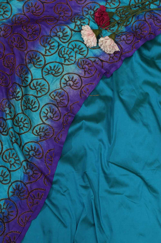 Blue Plain Silk Suit With Hand Embroidered Kantha Block Printed Pure Tussar Silk Dupatta - Luxurion World