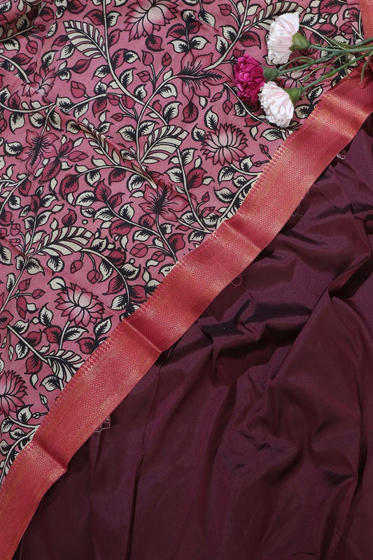 Elegant Wine Plain Silk Suit With Kalamkari Hand Painted Silk Dupatta - Luxurion World