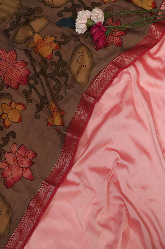 Stunning Pink Plain Silk Suit With Kalamkari Hand Painted Silk Dupatta - Luxurion World