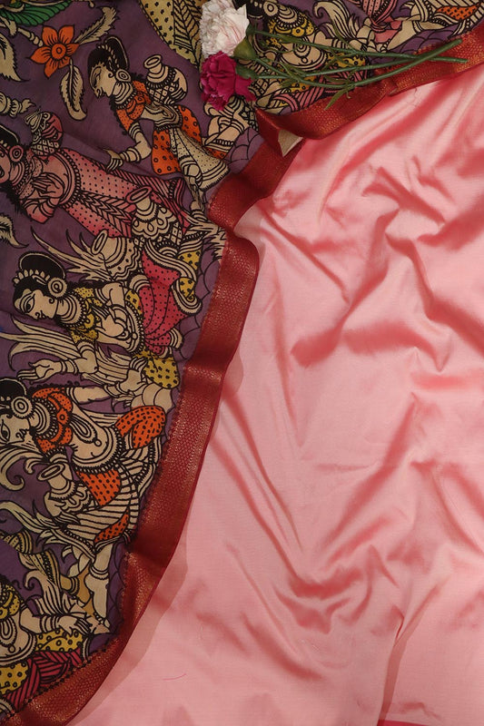 Pretty in Pink: Plain Silk Suit With Kalamkari Hand Painted Silk Dupatta - Luxurion World