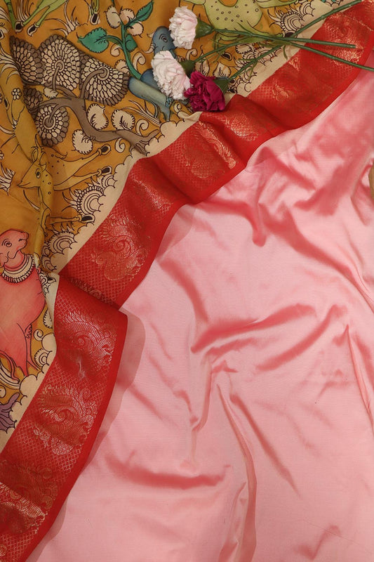 Stunning Pink Plain Silk Suit With Kalamkari Hand Painted Silk Dupatta - Luxurion World