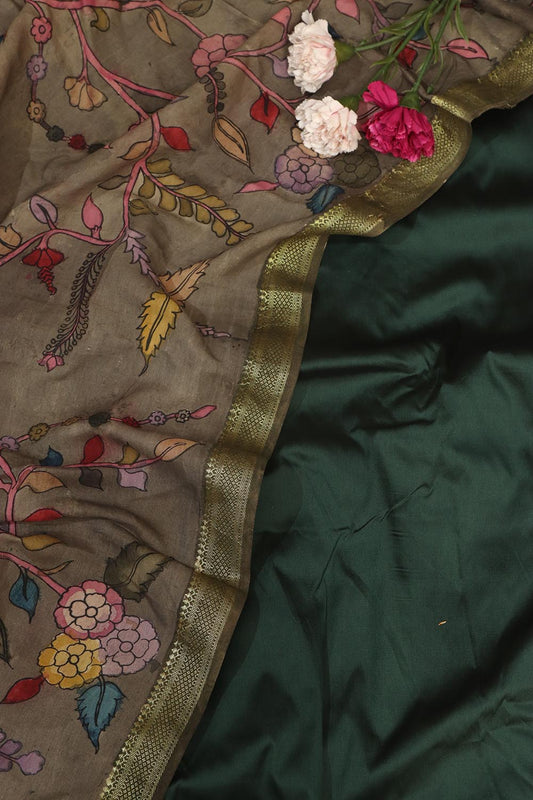 Green Plain Silk Suit With Kalamkari Hand Painted Silk Dupatta - Luxurion World